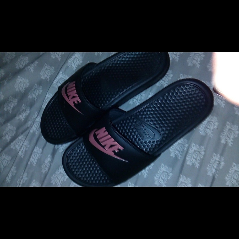 Black and pink nike slides !!